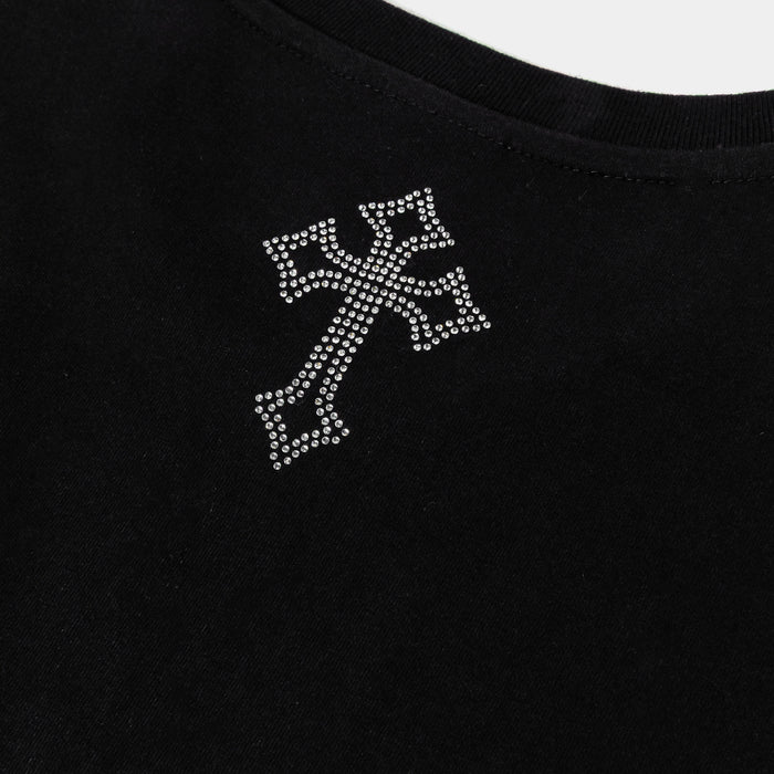 Rhinestone God's Favorite Cropped Womens Short Sleeve Shirt (Black/Black)