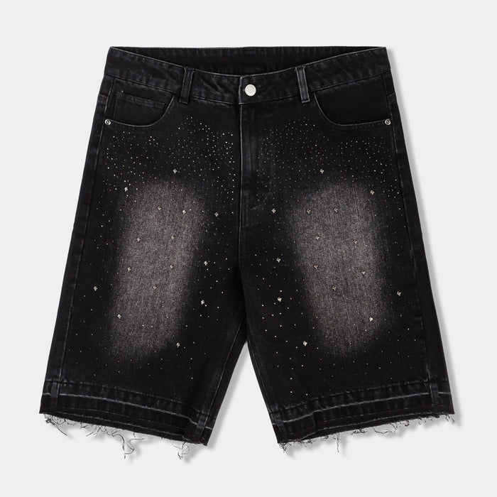 Rhinestone Washed Denim Mens Shorts (Black/Black)