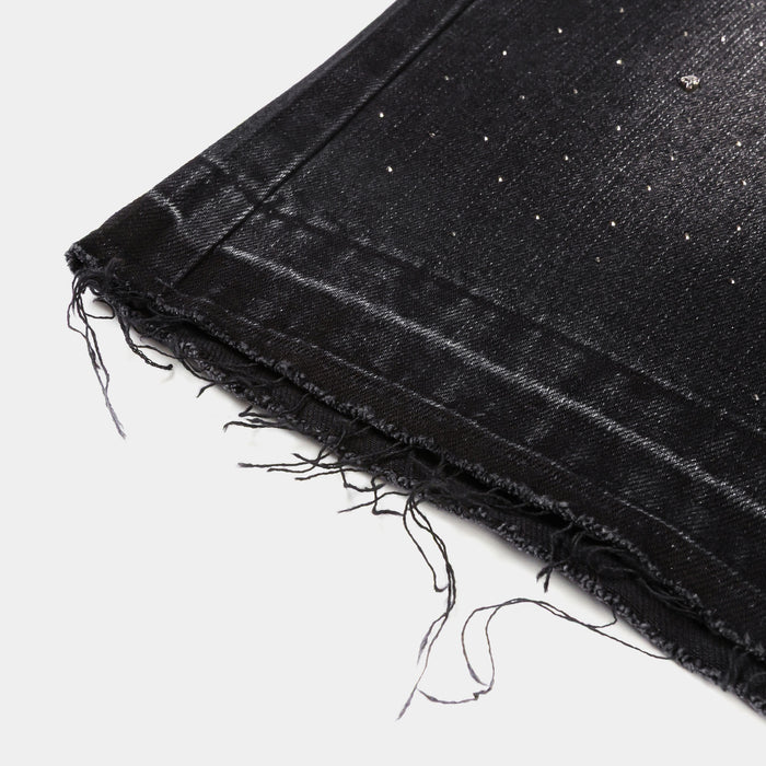 Rhinestone Washed Denim Mens Shorts (Black/Black)
