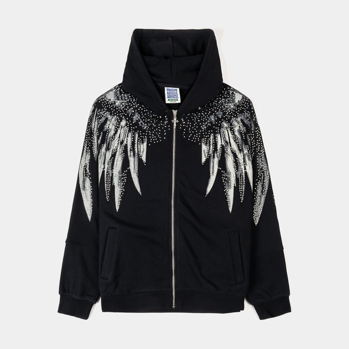 Rhinestone Wings Zip Up Mens Hoodie (Black/Grey)
