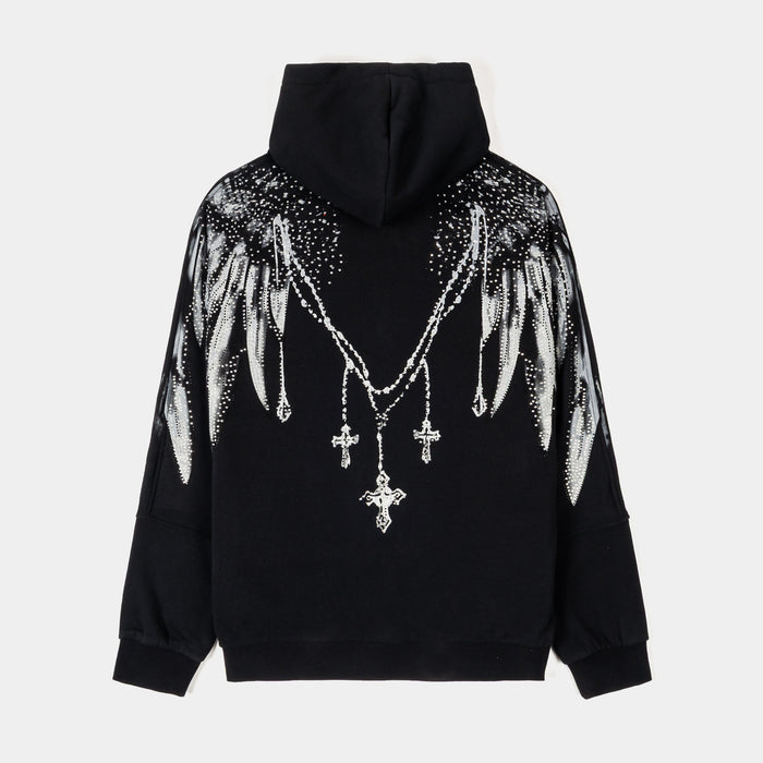 Rhinestone Wings Zip Up Mens Hoodie (Black/Grey)