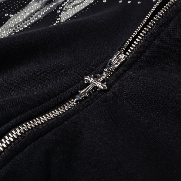 Rhinestone Wings Zip Up Mens Hoodie (Black/Grey)