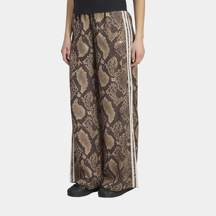 Satin Snake Print Wide Leg Track Womens Pants (Linen/Magic Beige)