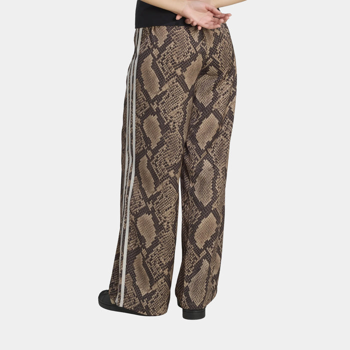 Satin Snake Print Wide Leg Track Womens Pants (Linen/Magic Beige)