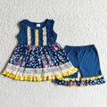 Sleeveless blue floral tunic top ruffles shorts girls summer outfits C0-11
