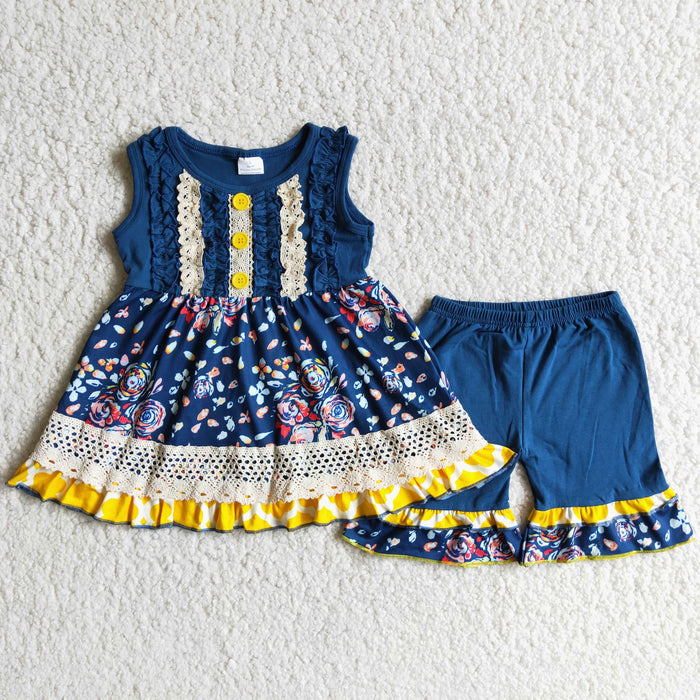 Sleeveless blue floral tunic top ruffles shorts girls summer outfits C0-11