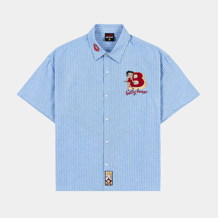 SP x Betty Boop Button Up Mens Short Sleeve Shirt (Blue/Red)