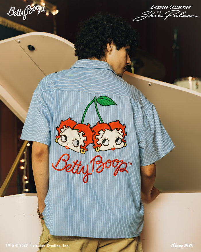 SP x Betty Boop Button Up Mens Short Sleeve Shirt (Blue/Red)