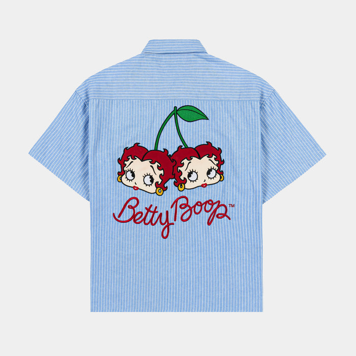 SP x Betty Boop Button Up Mens Short Sleeve Shirt (Blue/Red)