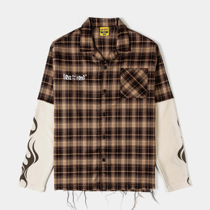 SP x Boyz N The Hood Stop The Violence Button Up Mens Long Sleeve Shirt (Brown/White)