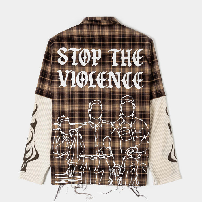 SP x Boyz N The Hood Stop The Violence Button Up Mens Long Sleeve Shirt (Brown/White)