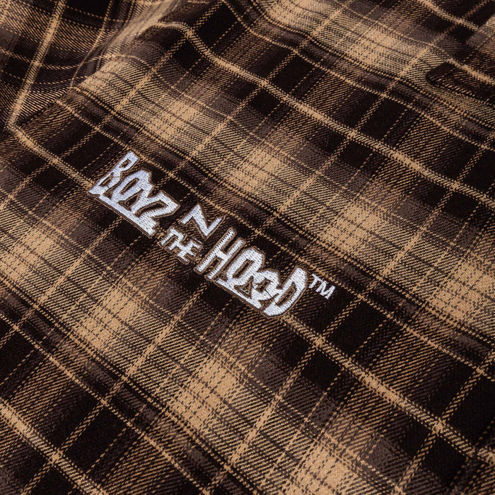 SP x Boyz N The Hood Stop The Violence Button Up Mens Long Sleeve Shirt (Brown/White)