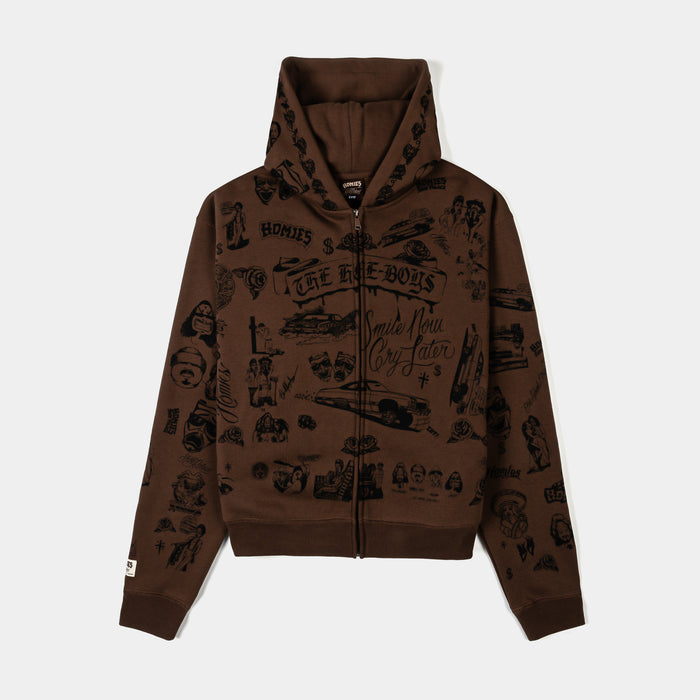 SP x Homies All Over Print Zip Up Fleece Mens Hoodie (Brown/Black)