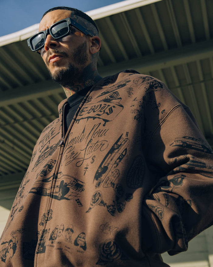 SP x Homies All Over Print Zip Up Fleece Mens Hoodie (Brown/Black)