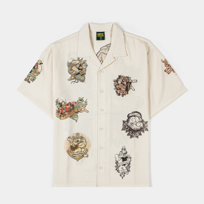 SP x Popeye Seersucker Mens Button Up Shirt (Cream/Black)