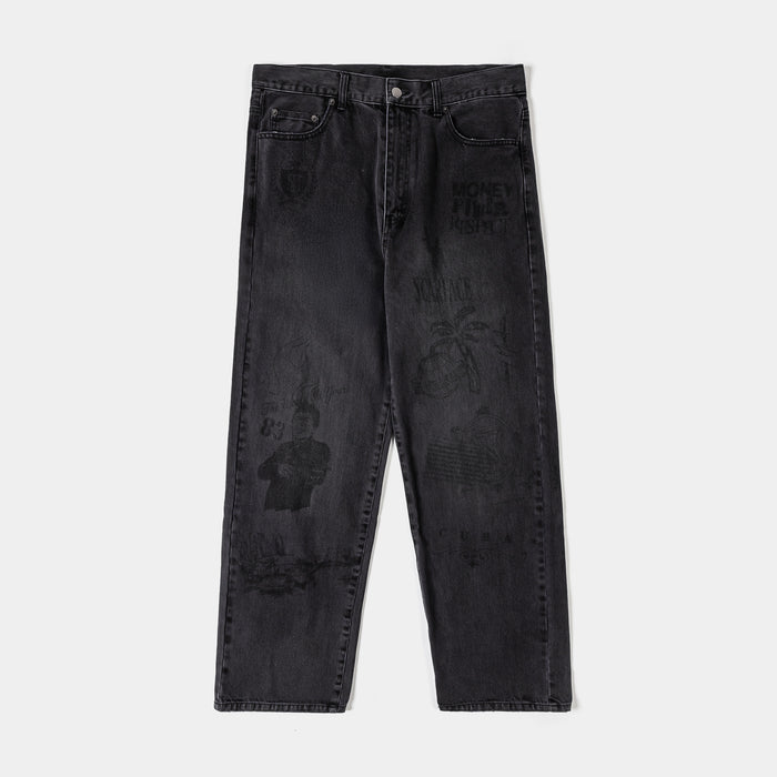 SP x Scarface All Over Print Oversized Demin Washed Mens Pants (Black/Black)
