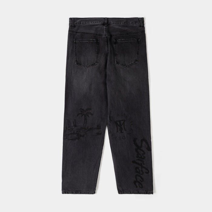 SP x Scarface All Over Print Oversized Demin Washed Mens Pants (Black/Black)