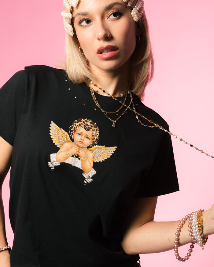 Spoiled Angel Cropped Womens Short Sleeve Shirt (Black/Silver)