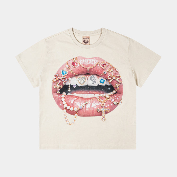 Spoiled Lips Cropped Womens Short Sleeve Shirt (Cream/Pink)