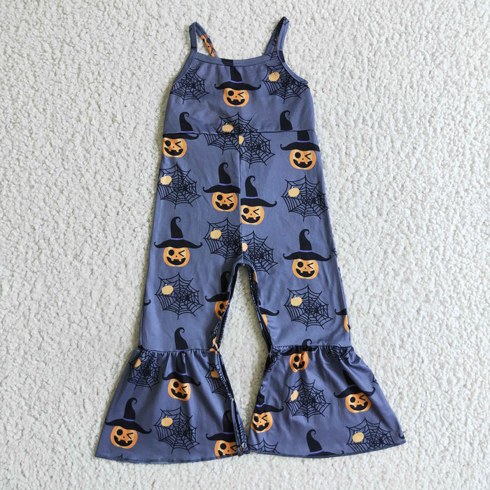 SR0066 Pumpkin Witch Web Baby Girls Halloween Strap Jumpsuits