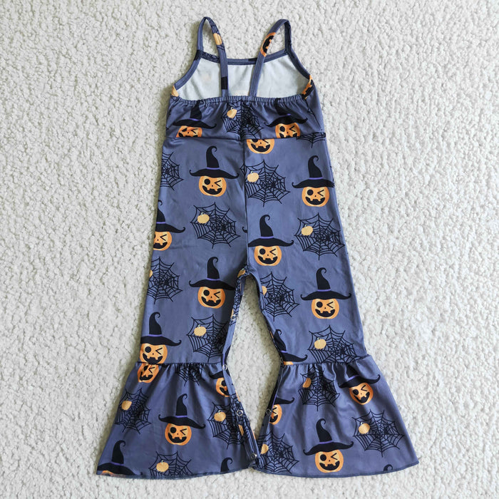 SR0066 Pumpkin Witch Web Baby Girls Halloween Strap Jumpsuits