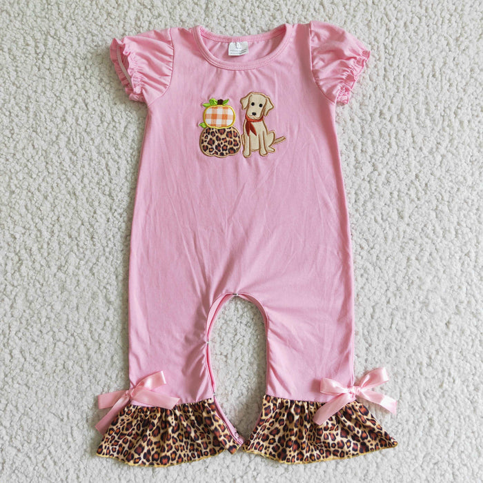 SR0068 Pumpkin Dog Embroidery Pink Baby Girls Fall Leopard Ruffle Romper