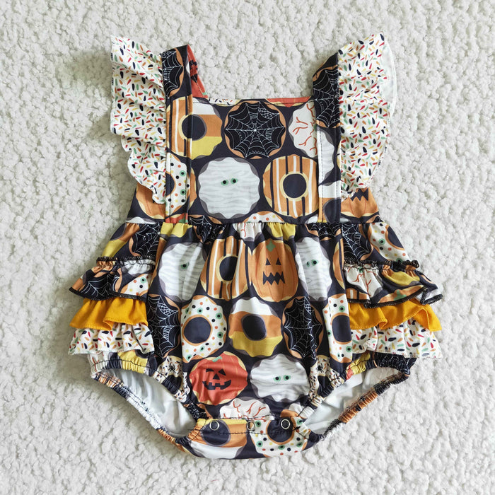SR0079 Donut Pumpkin Baby Girls Ruffle Bubble Halloween Romper