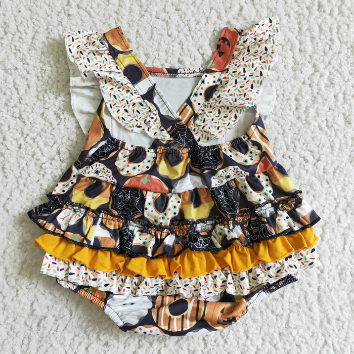 SR0079 Donut Pumpkin Baby Girls Ruffle Bubble Halloween Romper