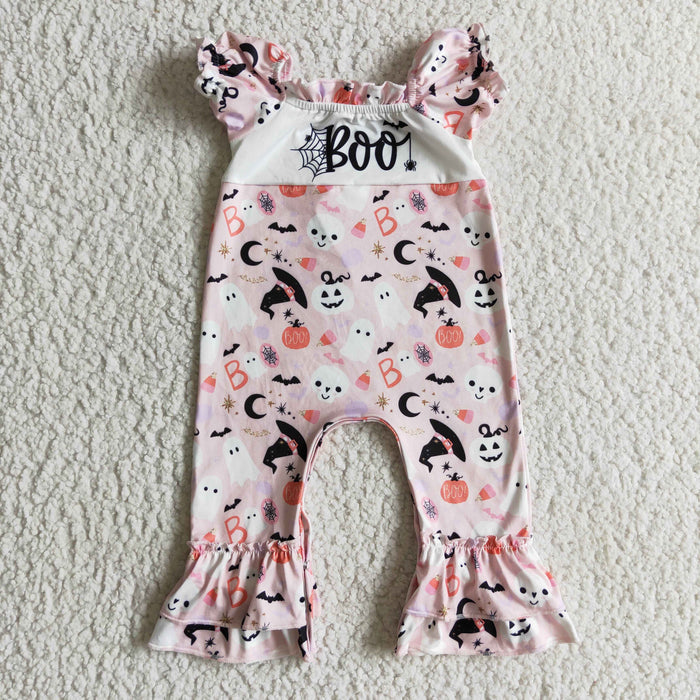 SR0091 Ghost Pumpkin Boo Print Baby Girls Halloween Romper