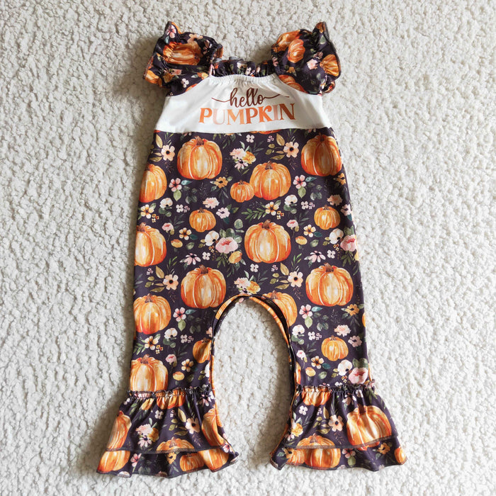 SR0093 Holle Pumpkin Flowers Print Baby Girls Fall Romper