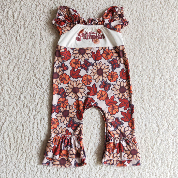 SR0094 Pumpkin Flowers Butterfly Print Baby Girls Fall Ruffle Romper