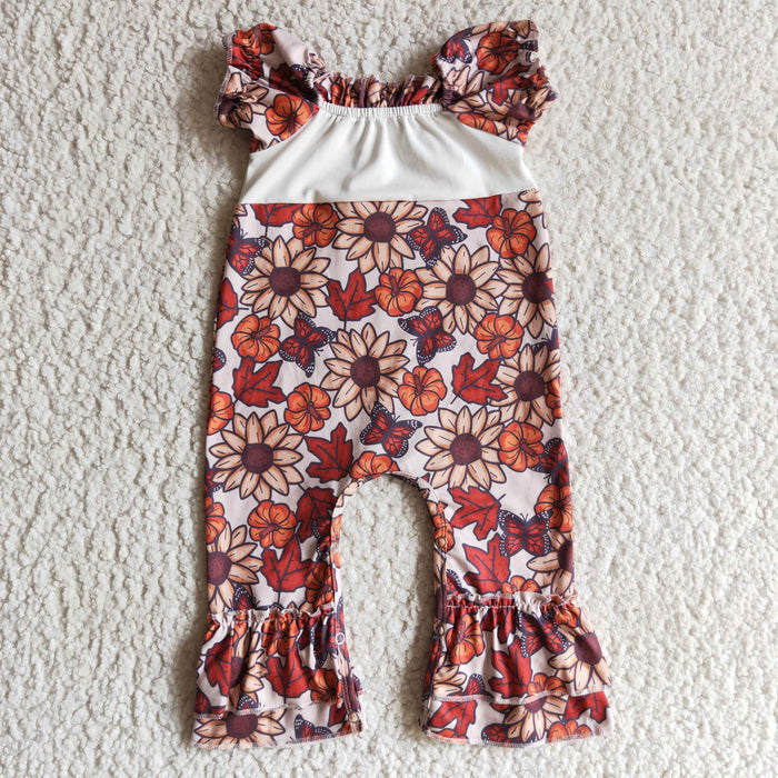 SR0094 Pumpkin Flowers Butterfly Print Baby Girls Fall Ruffle Romper