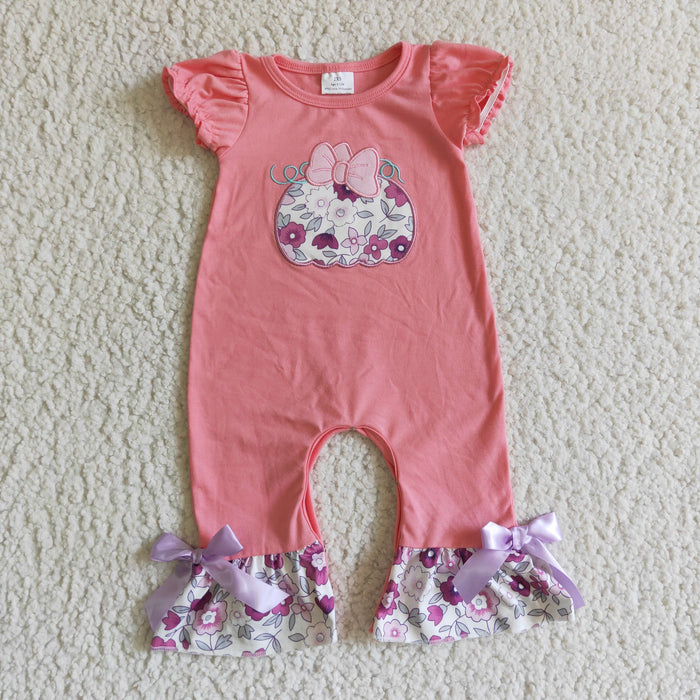 SR0097 Pumpkin Embroidery Flowers Pink Baby Girls Fall Ruffle Romper