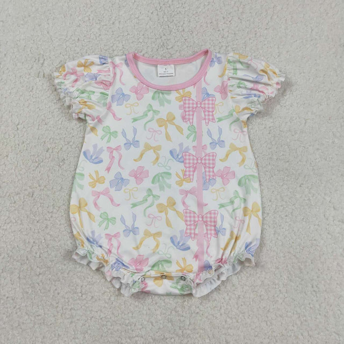 SR3672 Baby Girls Colorful Bows Short Sleeve Bubble Romper