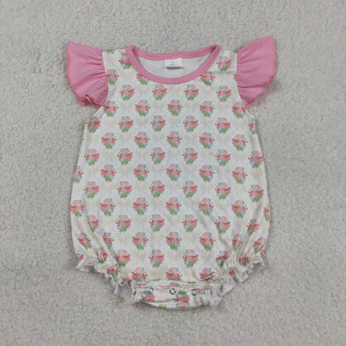 SR3677 Baby Girls Pink Flowers Flutter Sleeve Bubble Romper