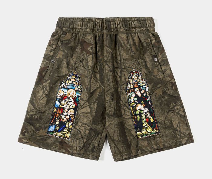 Stained Glass Camo Fleece Mens Shorts (Brown/Beige)