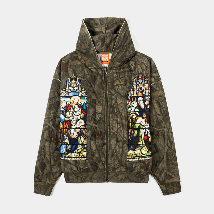 Stained Glass Camo Fleece Zip Up Mens Hoodie (Brown)