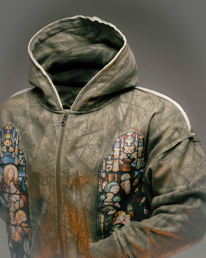 Stained Glass Camo Fleece Zip Up Mens Hoodie (Brown)