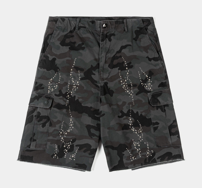 Studded Camo Cargo Mens Shorts (Black/Grey)