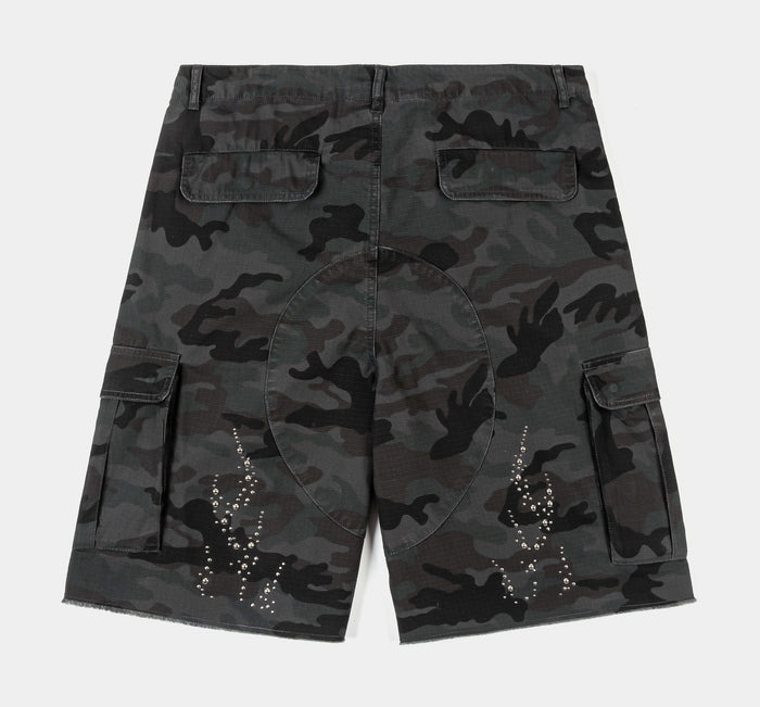 Studded Camo Cargo Mens Shorts (Black/Grey)