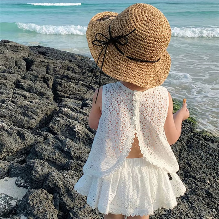 Summer Grace: 2024 Hollow Lace Sleeveless Set for Baby Girls