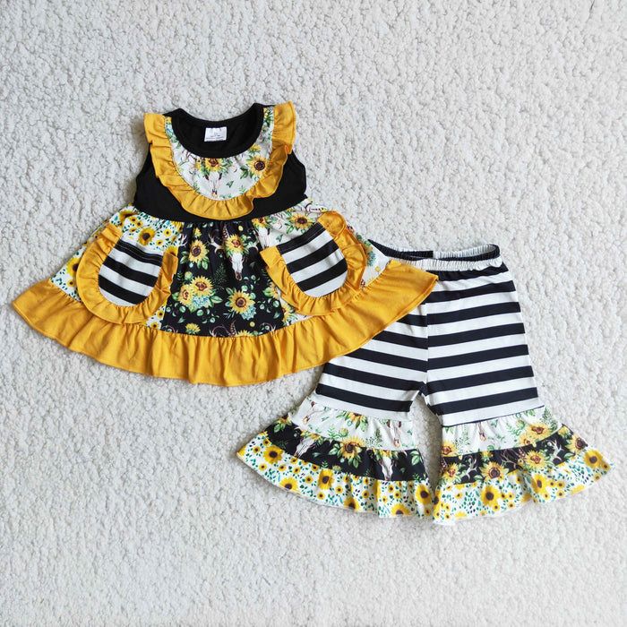 Sunflowers Sleeveless Pockets Tunic Top Girls Capris Outfits     A6-15