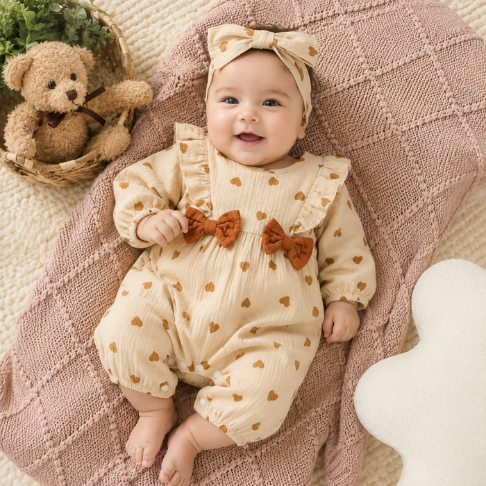 Sweetheart Days – Baby Girl Summer Cotton Jumpsuit with Bowknot & Love Print
