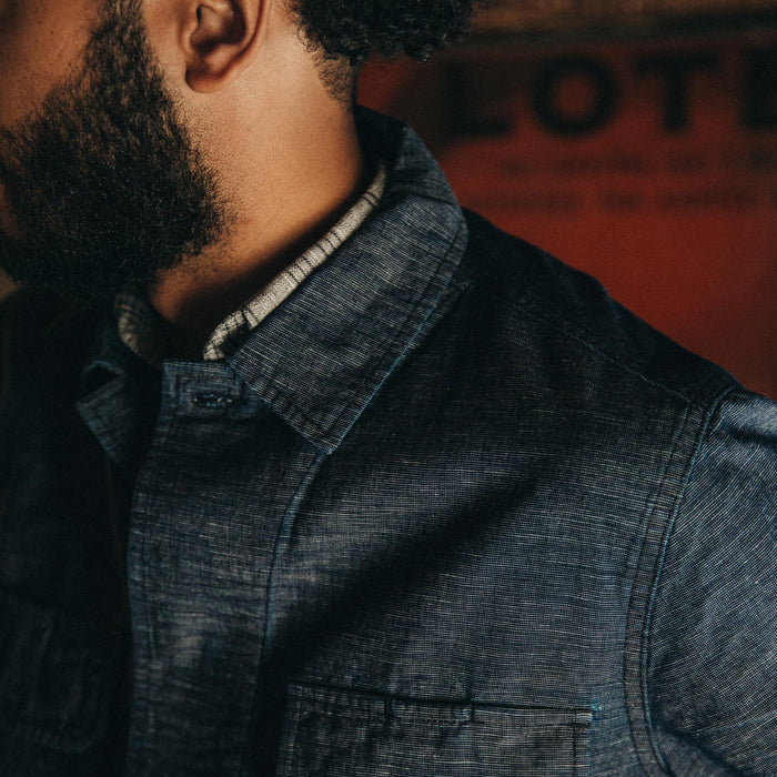 fit model wearing The BDU Shirt Jacket in Indigo Slub, chest detail