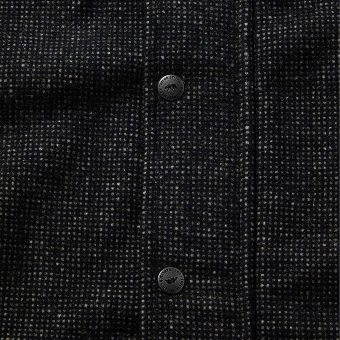 material shot of The Bomber Jacket in Charcoal Wool and its placket and buttons