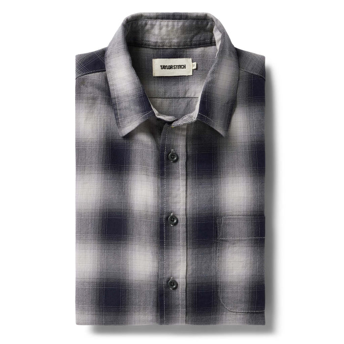 flatlay of The California in Storm Plaid Ombre Twill folded
