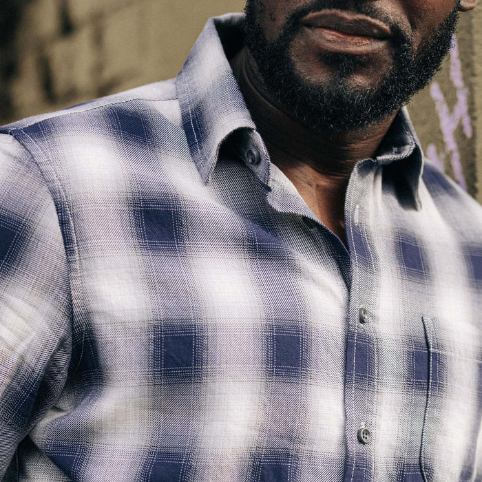 fit model showing off collar detail on The California in Storm Plaid Ombre Twill