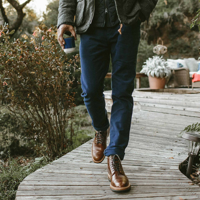 The fit model in his soft moleskin pants out at his cabin