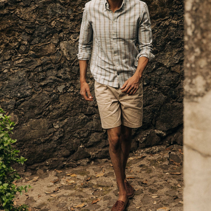fit model wearing The Camp Short in Khaki Herringbone, cropped neck down