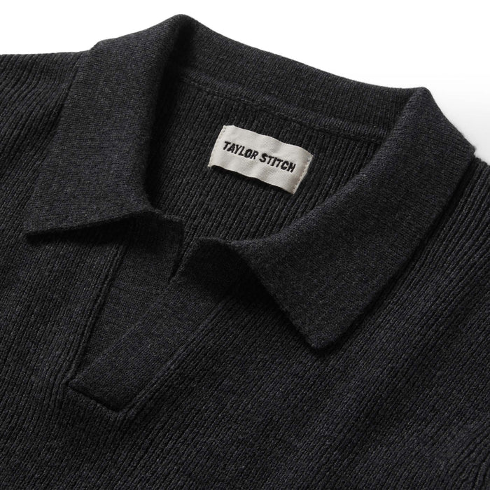 material shot of the collar on The Charleston Sweater in Heather Charcoal